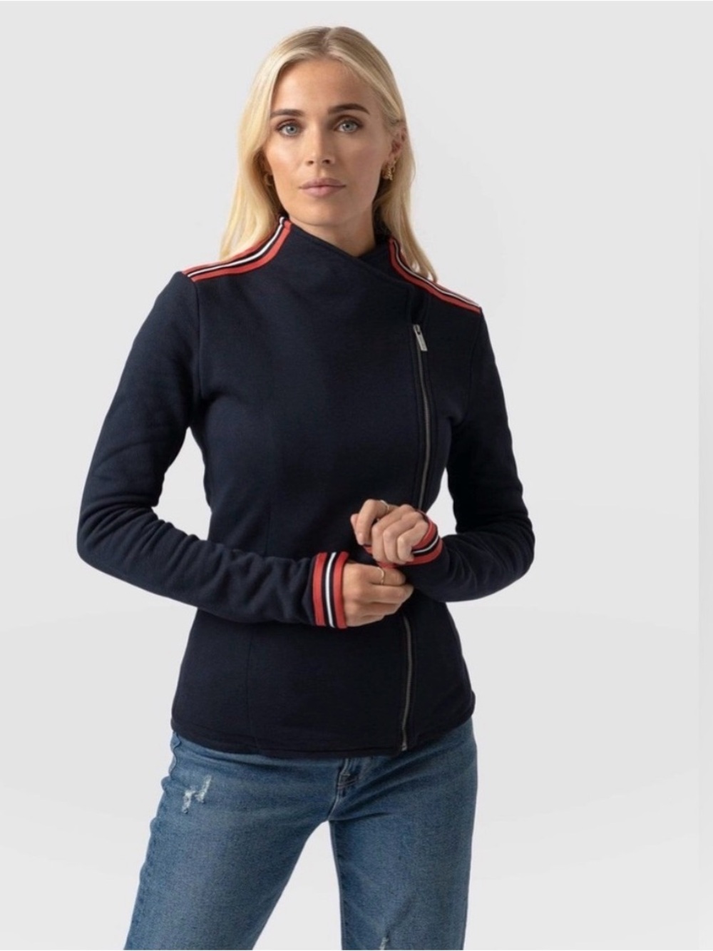 Saint + Sophia Organic Cotton Biker Jacket Navy Asymmetrical Zip Size 10